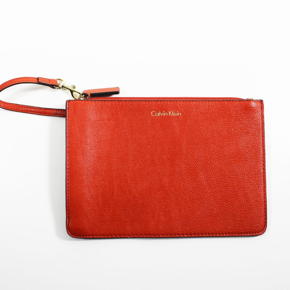 Calvin Klein Orange Leather Wristlet Poch